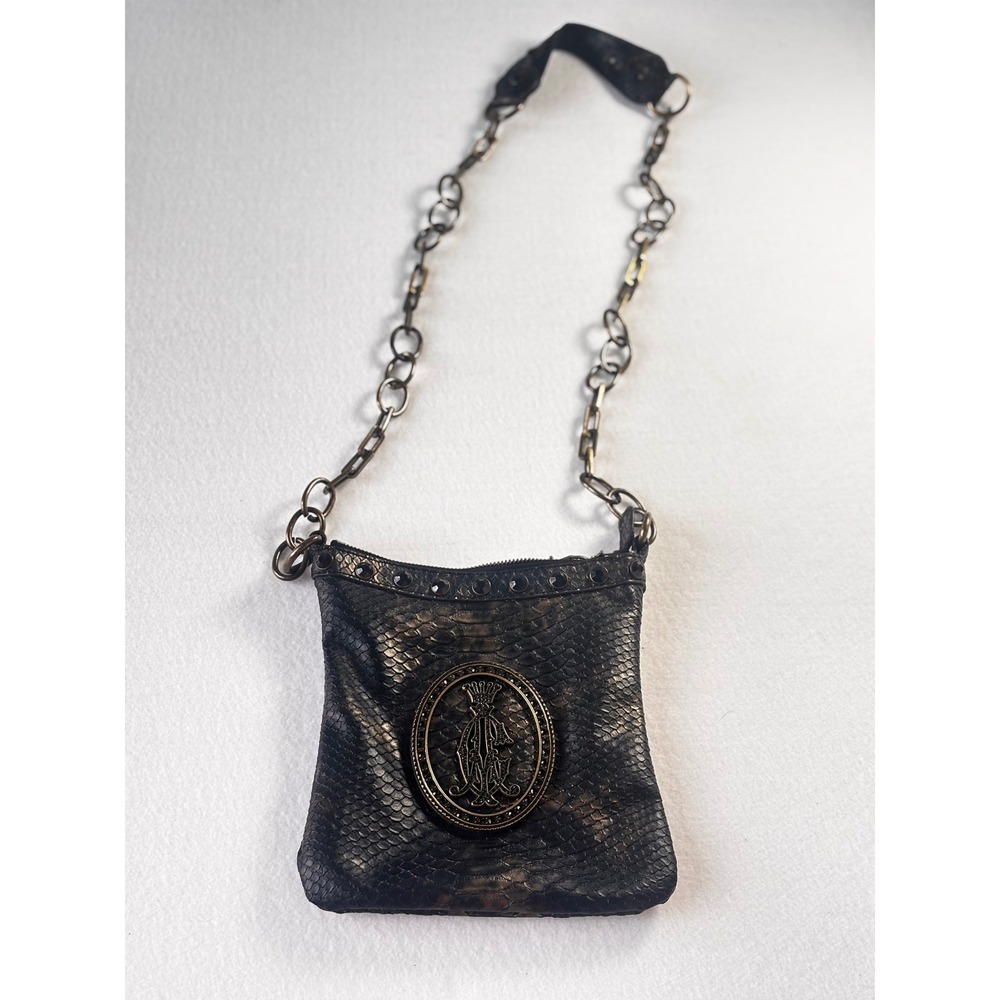 Christian Audigier Metallic Snakeskin Crossbody Bag Studded Leopard Print Lining